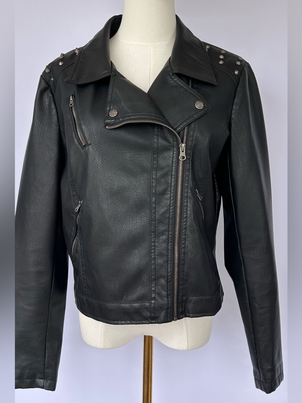 Miss London Women’s Vegan Leather Jacket Moto Style Studded Size Large